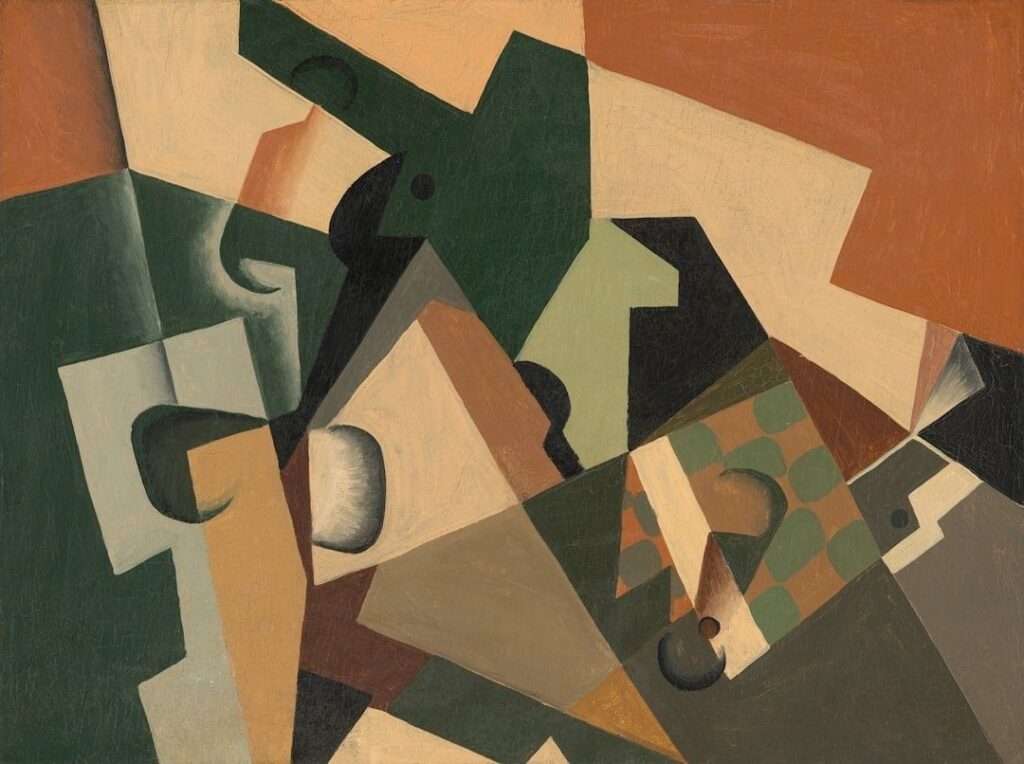 Dipinto cubista con forme geometriche e colori terrosi