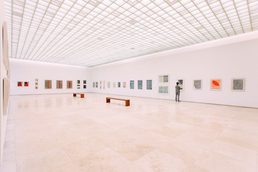 Ampia sala museale bianca con opere astratte alle pareti e un visitatore