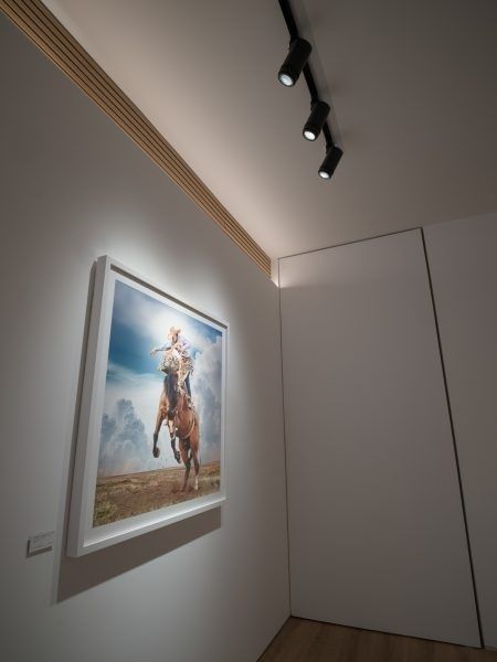 Opera figurativa illuminata da faretti in una sala espositiva